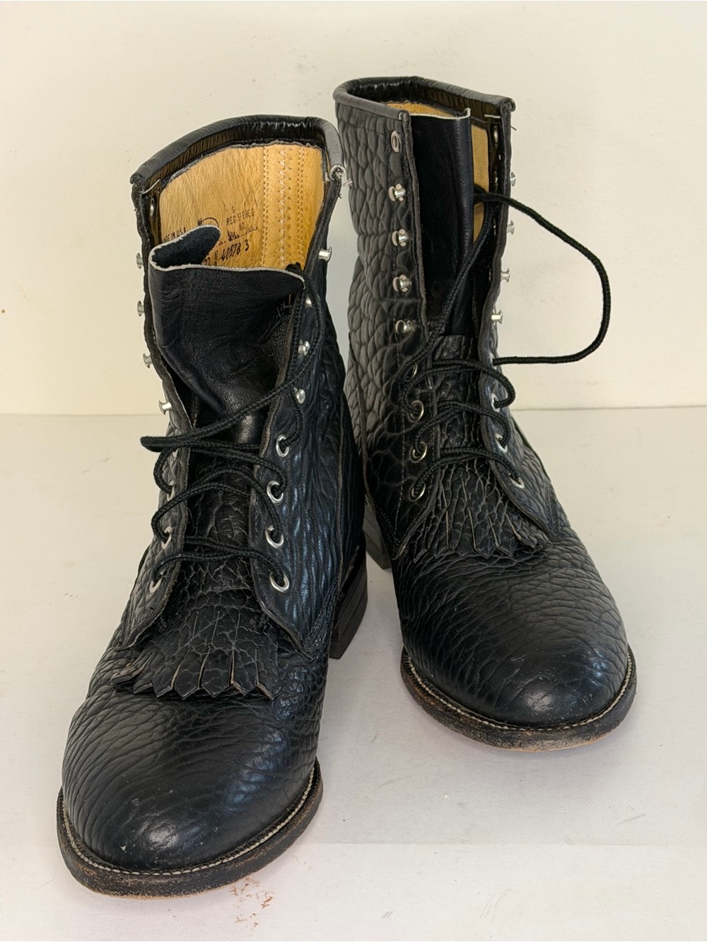 Vintage Justin 522 Packer Boots Black Bullhide Leather Men’s 10.5D - Made in USA
